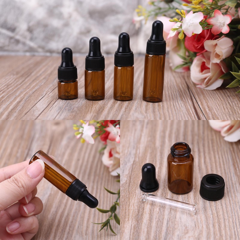 Bộ 10 Lọ Thủy Tinh Nhỏ Giọt Màu Hổ Phách Kèm Nắp Đen Đựng Tinh Dầu Thơm