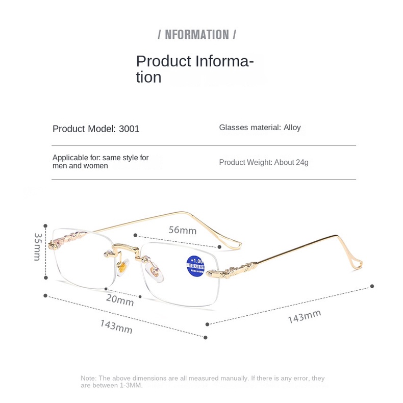 [+100°~+400°Kính Đọc Sách Không Gọng Chống Ánh Sáng Xanh Thoải Mái Chống Mệt Mỏi Cho Nam Và Nữ