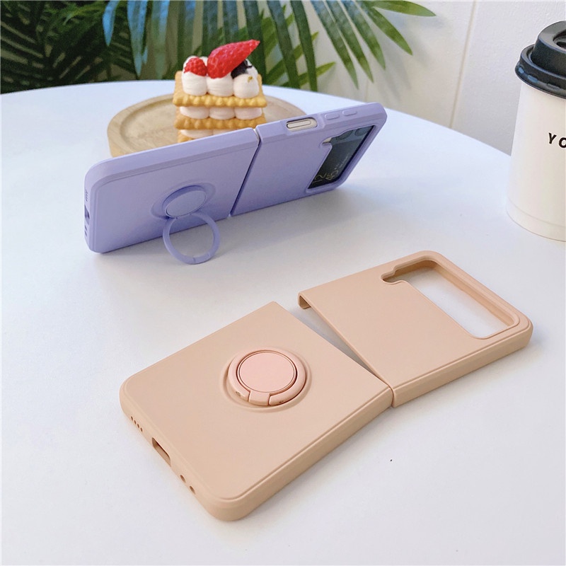 Ốp Điện Thoại Silicone Mỏng Màu Trơn Có Giá Đỡ Dạng Vòng Tròn Cho Z Flip 3 5G Z Flip4