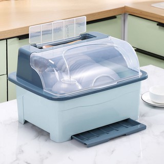 Hộp đựng bộ đồ ăn nhà bếp, tủ nhựa lớn có nắp, giá để bát đĩa thoát nước kiểu ngăn kéo,