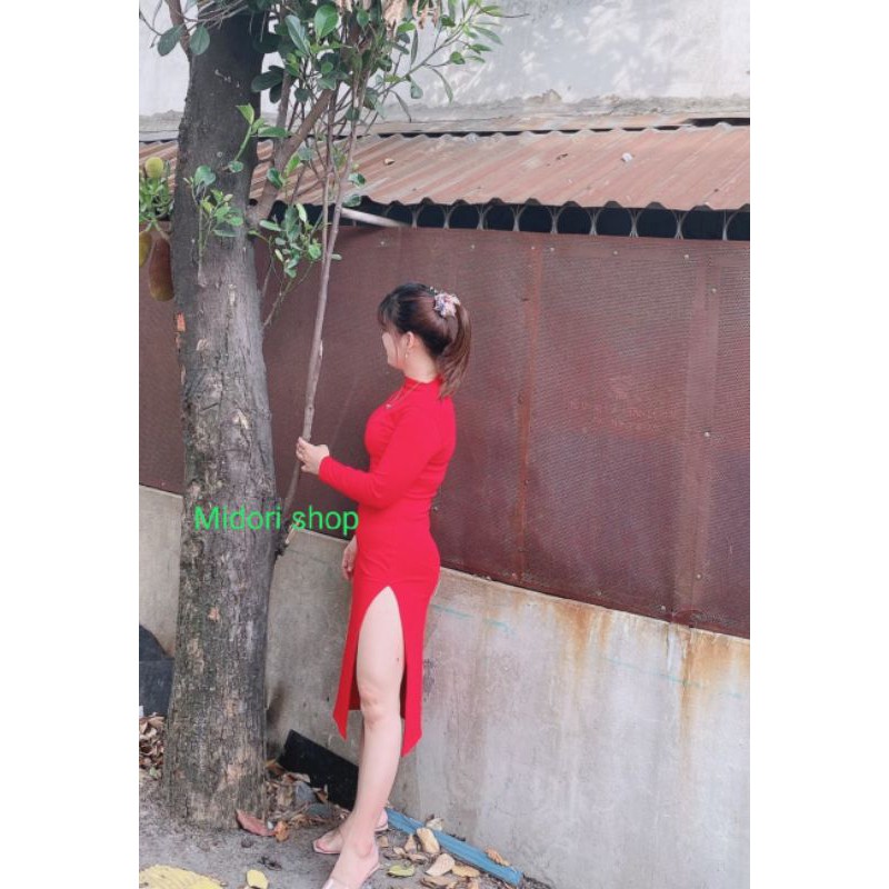 Đầm body nữ xẻ đùi cổ tròn dài tay form dài chất thun dày dặn co giãn, váy ôm cổ kín body nữ xinh MIDORI247