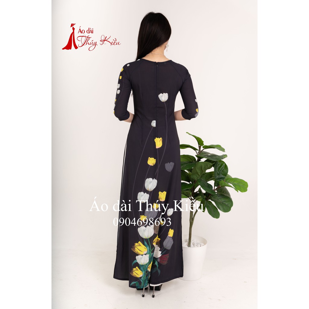 Áo dài Thúy Kiều in 3D lụa Nhật đen hoa hồng dây K28