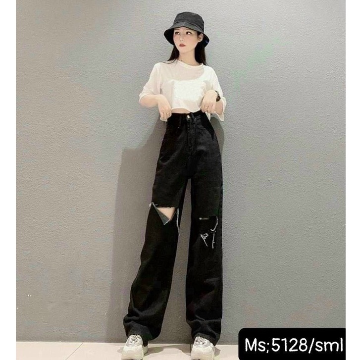 Quần Jean Nữ Ống Rộng Rách Gối  Dáng Xuông Vải Bò Basic Cực Hách Dáng Phong Cách Ulzzang đủ size S M L QX3