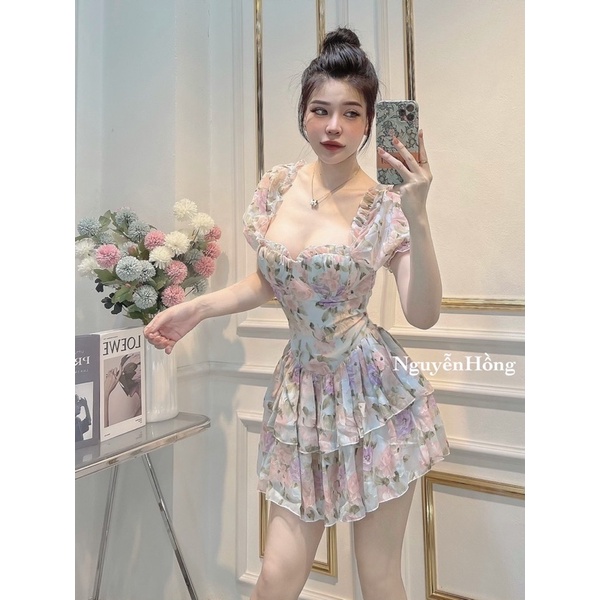 Váy hoa cup ngực tay bồng