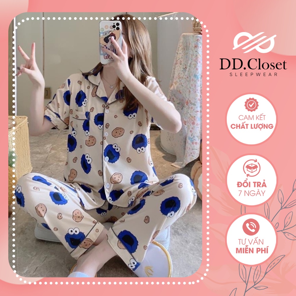 Bộ đồ ngủ pijama nữ cộc tay quần dài chất lụa Kate Thái mềm mịn màu trắng ngà họa tiết hoạt hình đáng yêu - CD0064