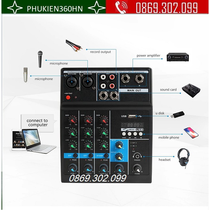 [Mã ELHACE giảm 4% đơn 300K] Bộ Mixer Âm Thanh Hát Live, Thu Âm, Điều Khiển Trộn Âm Thanh Bluetooth F4A Cao Cấp