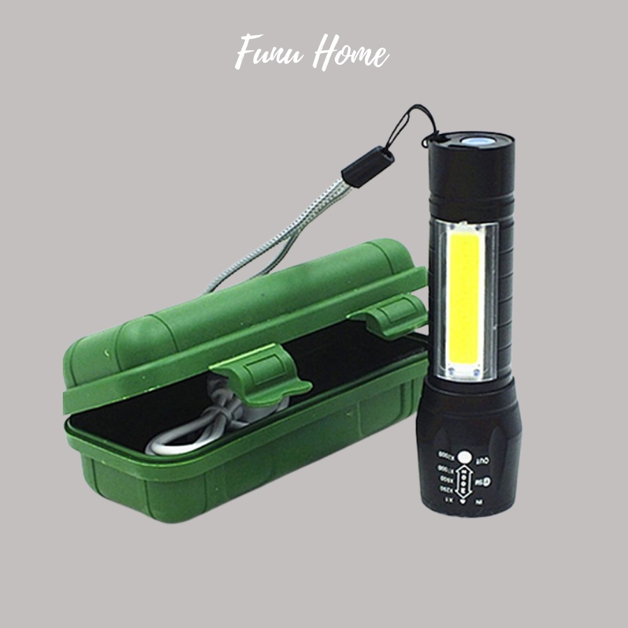 Đèn pin mini siêu sáng, có led 2 in 1 sạc cổng USB có zoom xa gần full hộp.