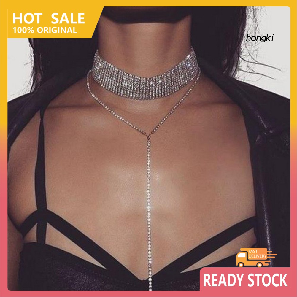 Vòng cổ choker nhiều lớp đính kim cương giả thời trang cho nữ