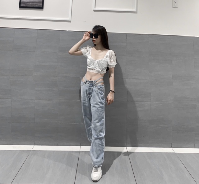 Quần jeans cạp cao điểm nhấn dây eo tôn dáng, hàng quảng châu QJ001