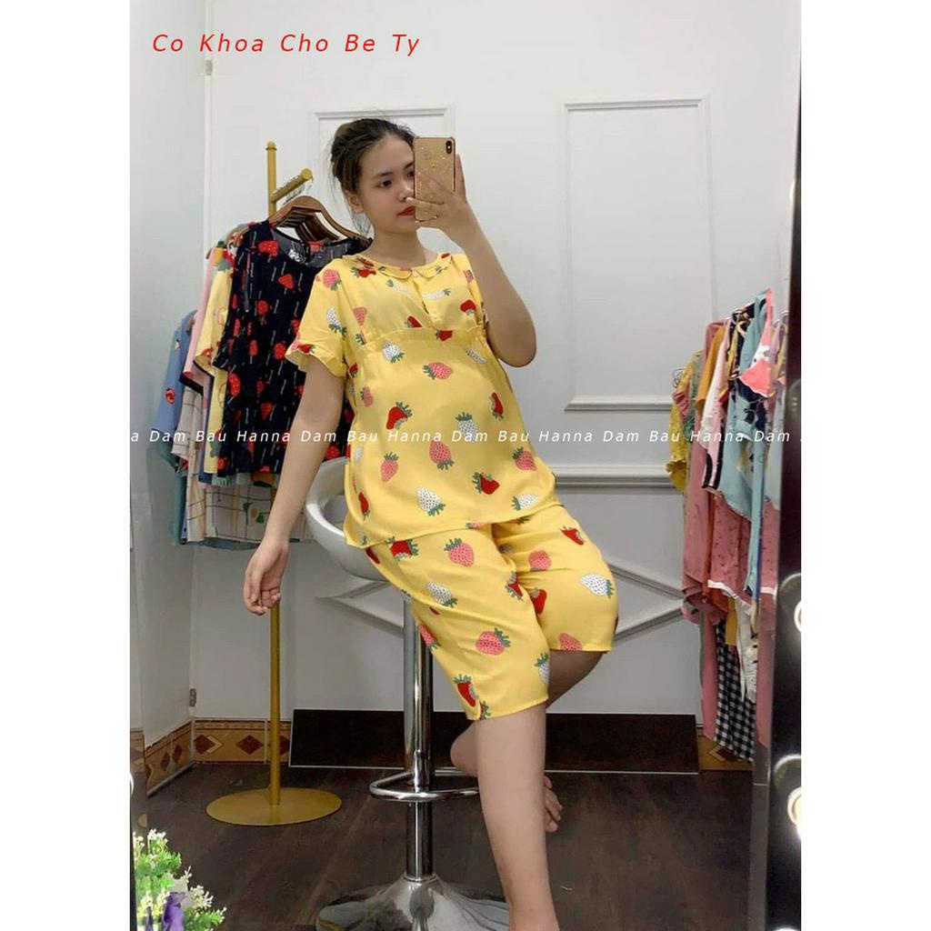 Đồ Bộ Bầu Xinh Mặc Nhà Hanna Vải Lanh Cotton Cao Cấp Thoáng Mát Free Size 45-75kg Có Khóa Cho Bé Ty Có Lưng Thun Chỉnh