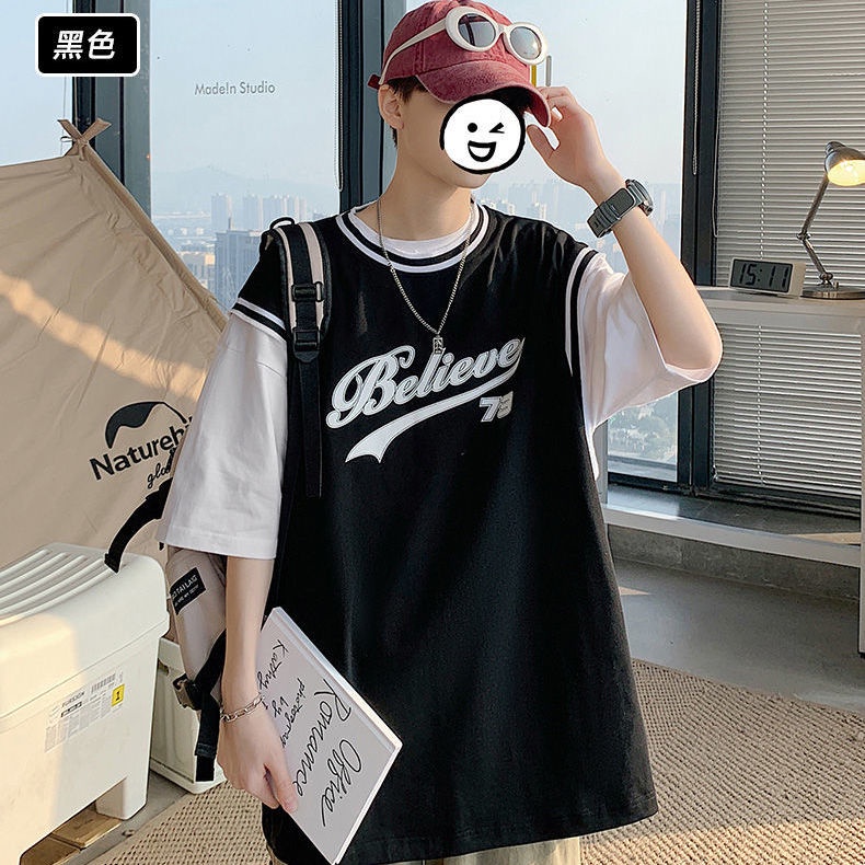 Áo Thun Ngắn Tay Giả Hai Lớp Dáng Rộng Thời Trang Mùa Hè Dành Cho Nam