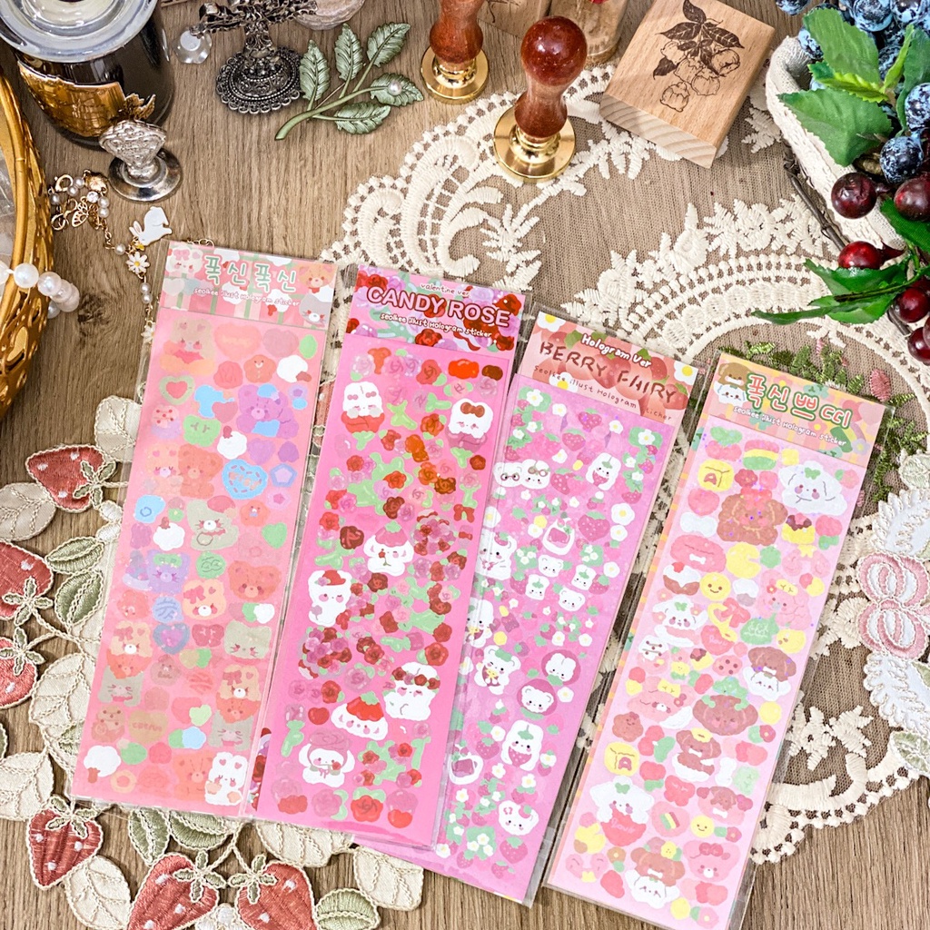 Bộ sưu tập sticker gấu hoa hồng dâu decor sổ toploader | Shopee Việt Nam