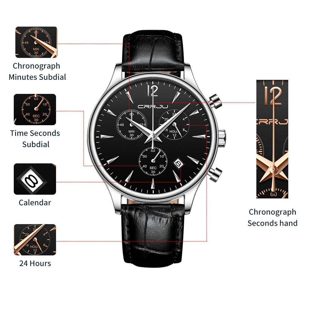 Đồng Hồ CRRJU 2272 Cho Nam Dây Da Chống Nước Phong Cách Thể Thao Doanh Nhân Sang Trọng