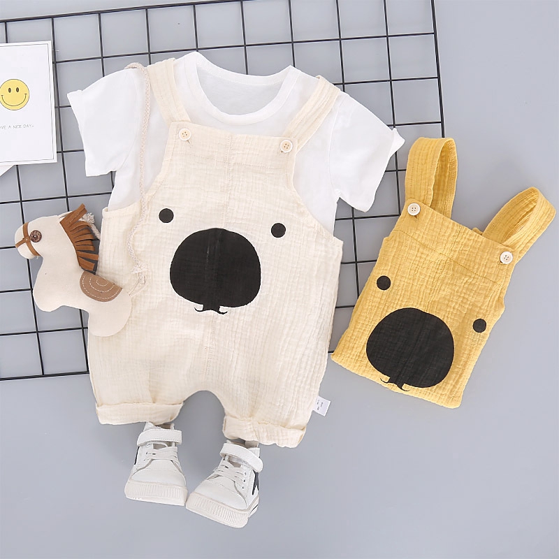 Set áo thun cotton ngắn tay và quần yếm đơn giản 2 món thời trang Hàn Quốc cho bé trai/bé gái 0-5 tuổi