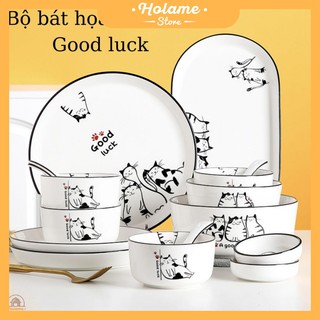 Bộ bát đĩa sứ,bát dĩa sứ full bộ họa tiết chú mèo phù hợp 2 - 4 người