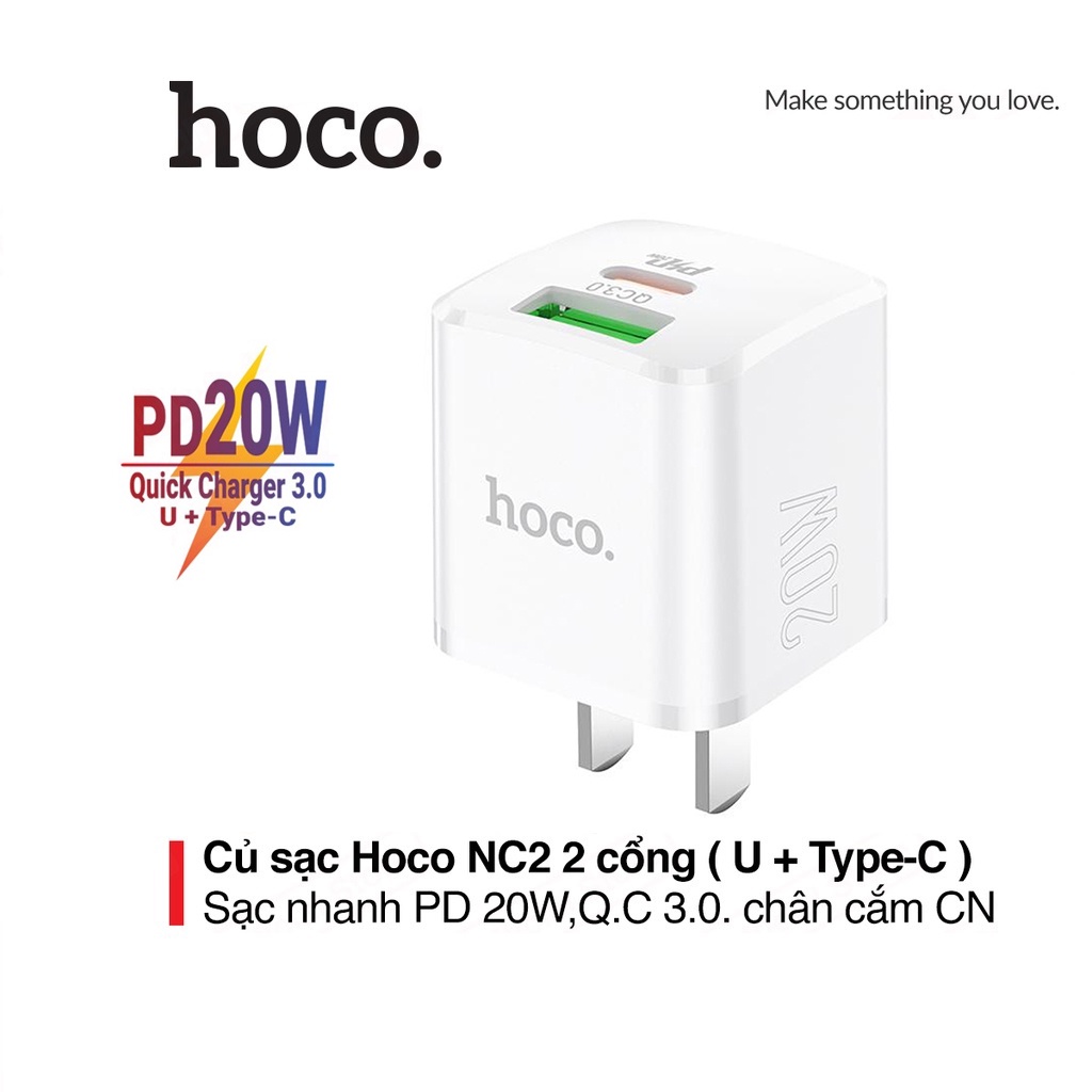 Củ sạc nhanh PD20W Hoco NC2 chân dẹt cổng USB và Type-C chất liệu PC chống cháy cho mọi thiết bị