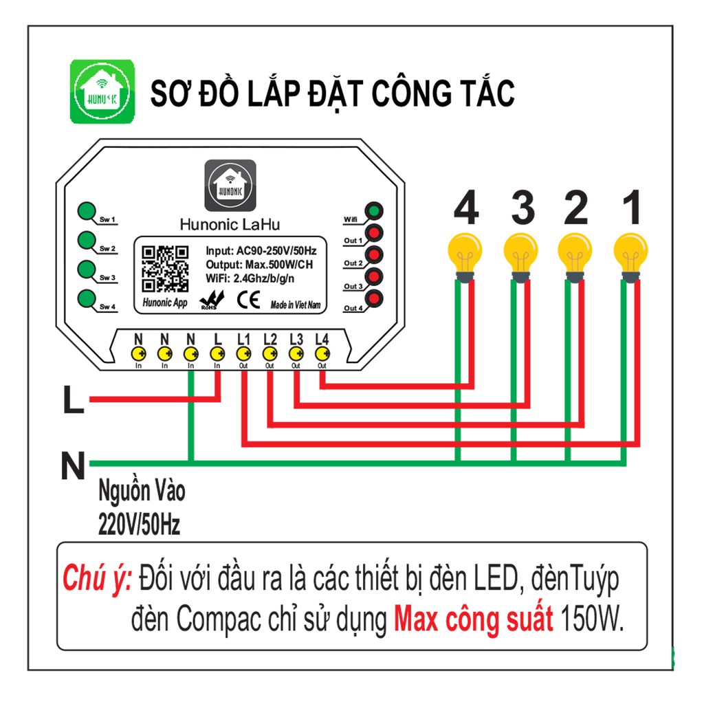 Công tắc [ĐIỀU KHIỂN TỪ XA] bằng điện thoại Hunonic Lahu 4 kênh 500W/kênh (công nghệ 4.0)