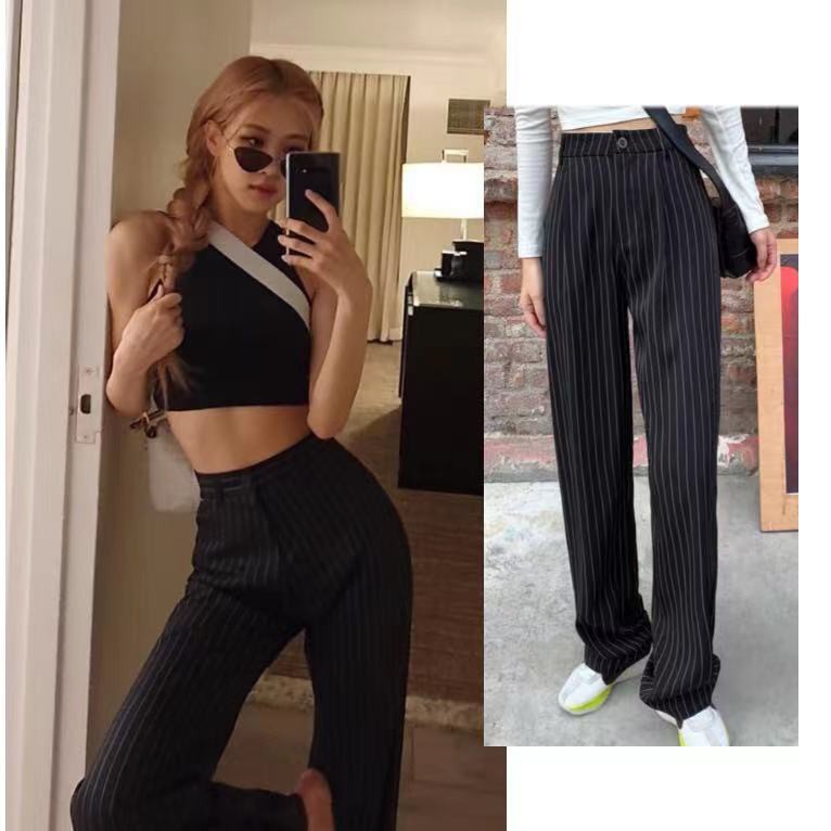 Quần dài cạp cao ống rộng in họa tiết kẻ sọc kiểu Rose Blackpink Hàn Quốc thịnh hành