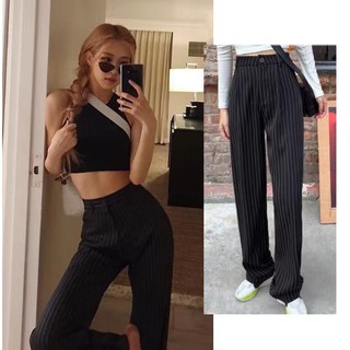 Quần dài cạp cao ống rộng in họa tiết kẻ sọc kiểu Rose Blackpink Hàn Quốc thịnh hành
