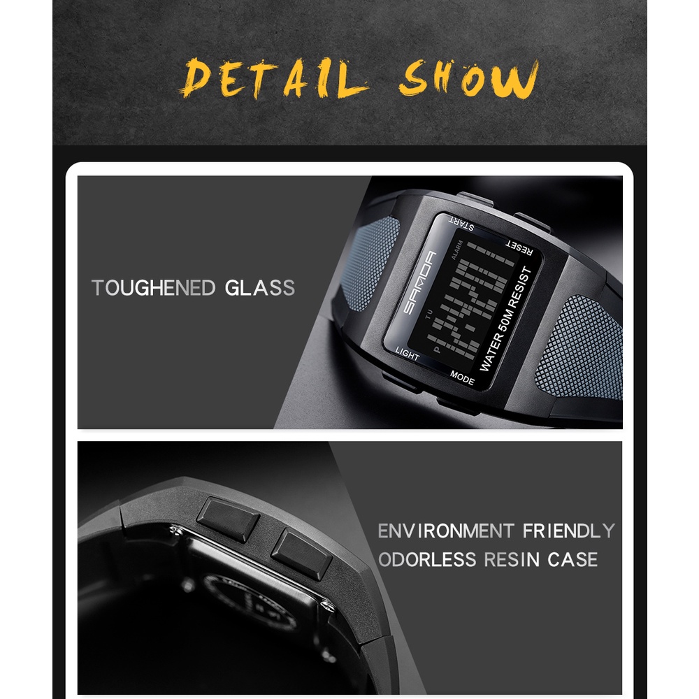 Đồng hồ nam SANDA Mặt đồng hồ vuông LED kỹ thuật số phát sáng 30M Đồng hồ thể thao chống nước