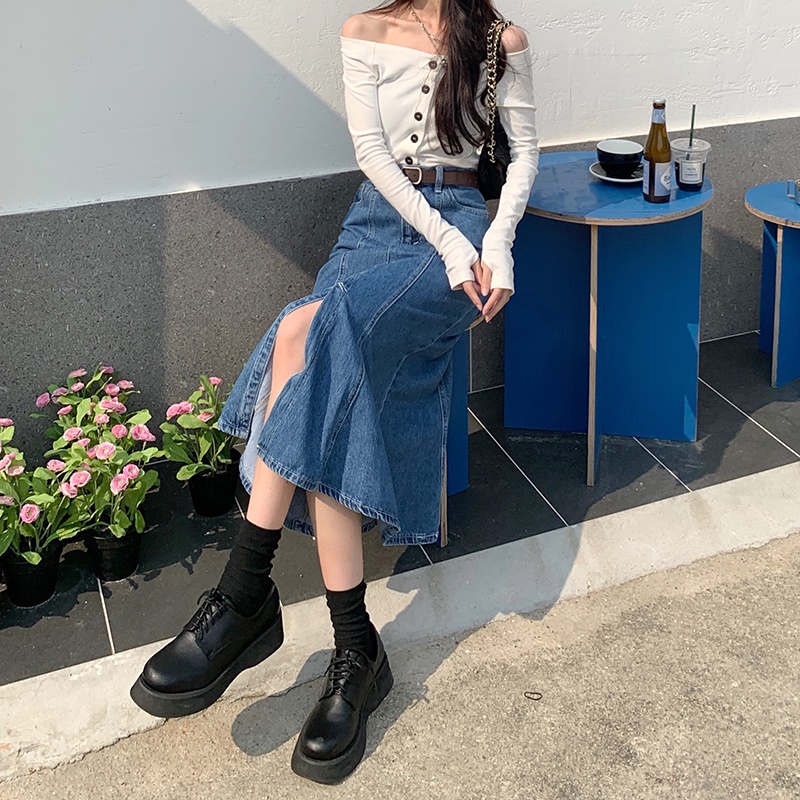 Chân váy jean kiểu dáng đuôi cá lưng cao thời trang cho nữ 45218