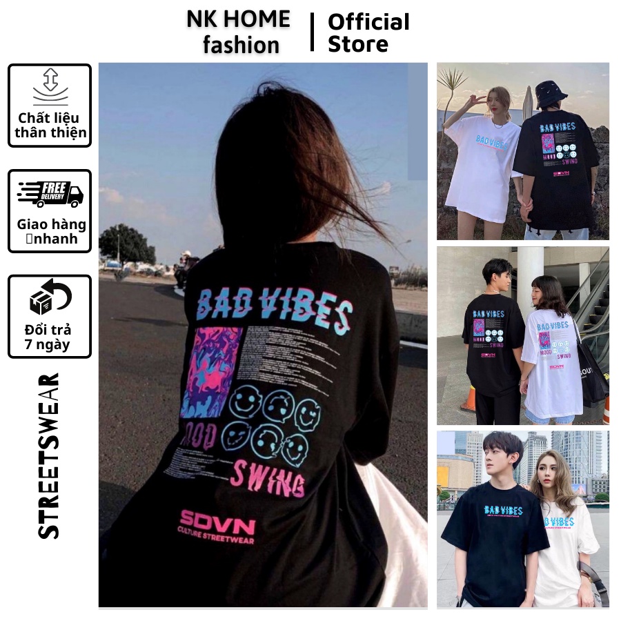 Áo thun tay lỡ unisex cho nam nữ kiểu dáng in hình BAD VIBES thiết kế form rộng