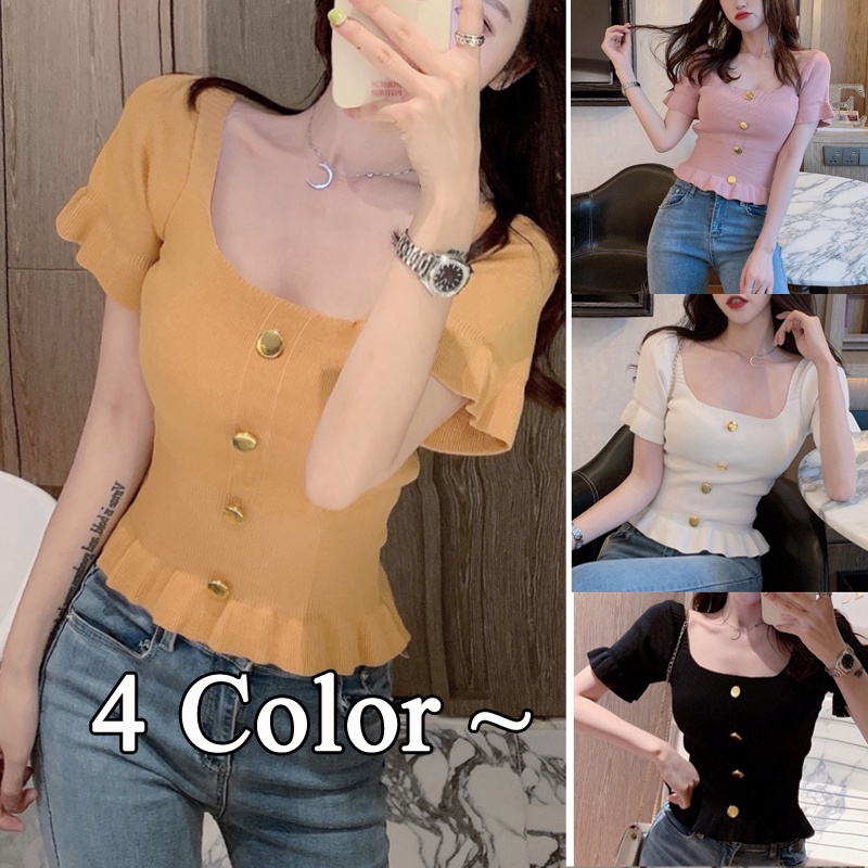 Áo Croptop Dệt Kim Cổ Vuông Tay Ngắn Có 4 Màu Thời Trang Cho Nữ