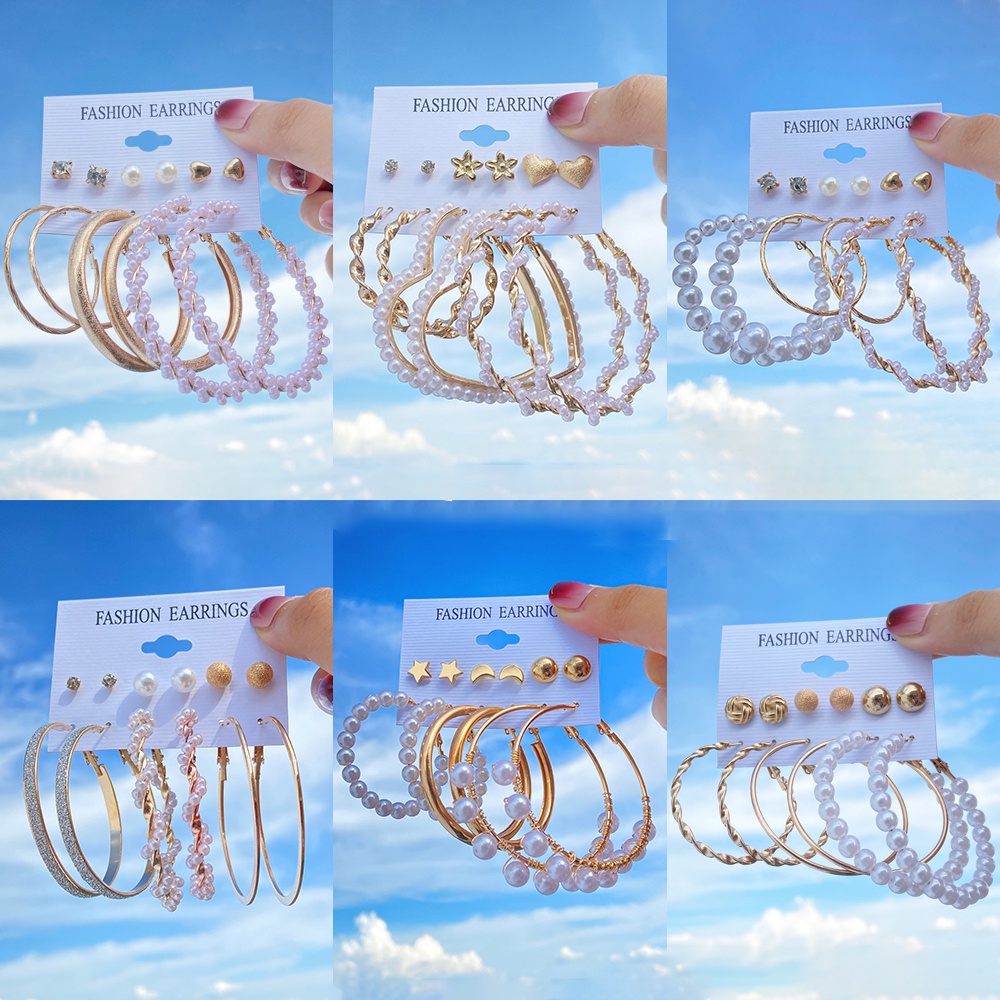 Bộ khuyên tai dạng xỏ kiểu vòng tròn acetic acid kim loại đính ngọc trai nhân tạo phong cách retro thời trang cho nữ