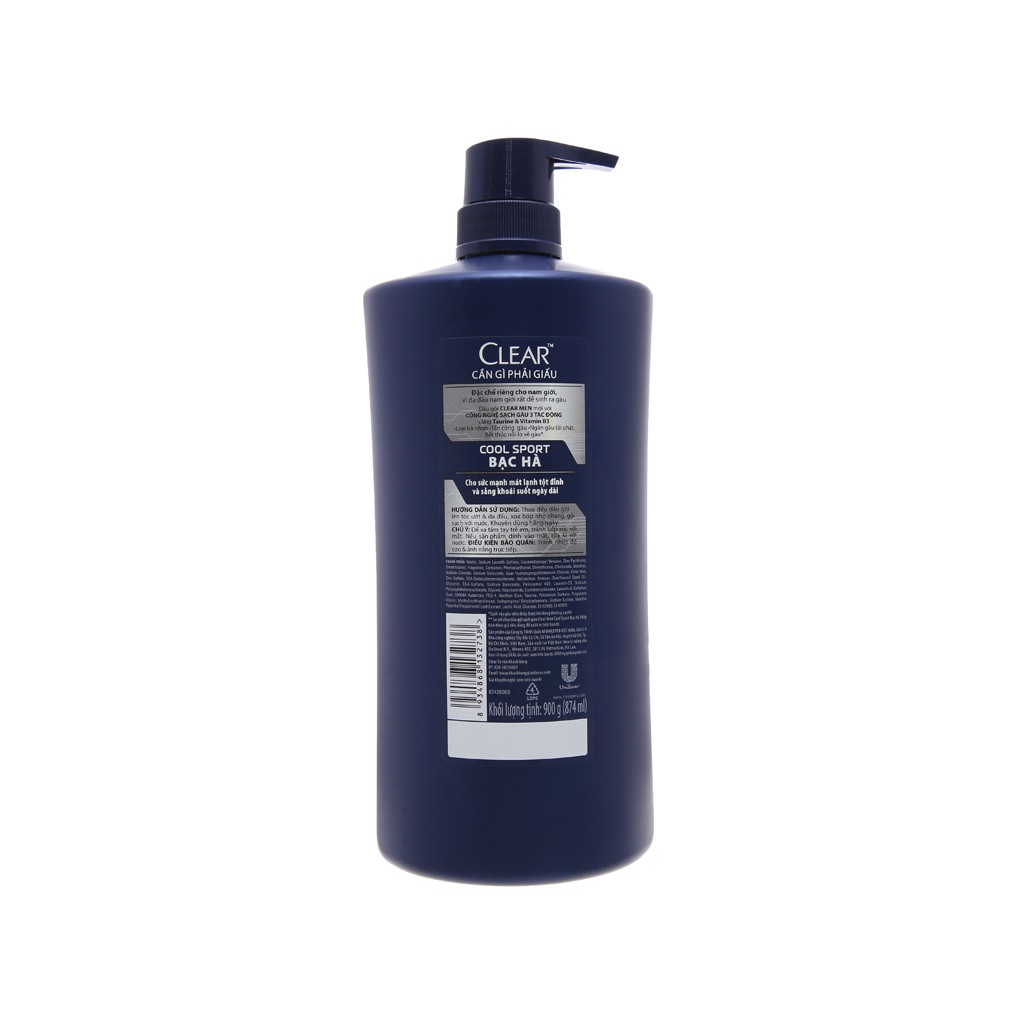 Dầu gội sạch gàu Clear Men Cool Sport bạc hà (874ml)