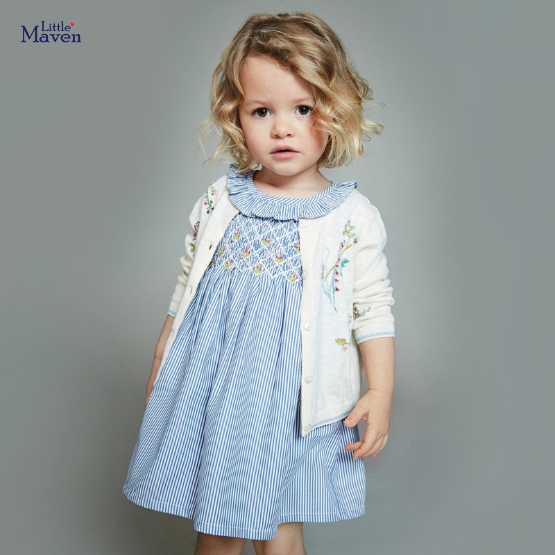 [2-6T] Đầm thun cotton smock hoa kẻ xanh bé gái Little Maven [S0660]