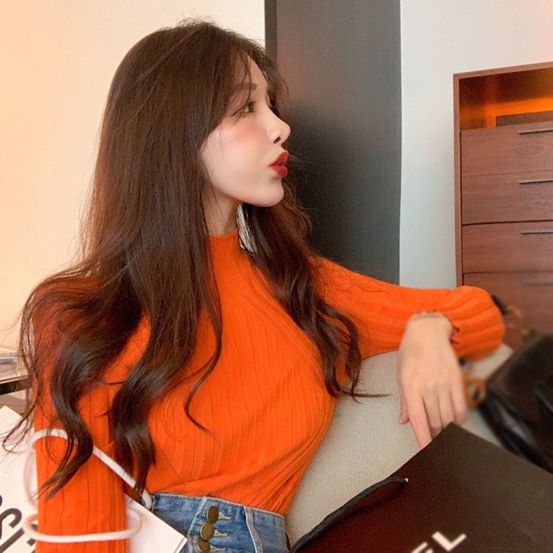Áo Sweater Dệt Kim Tay Dài Cổ Lọ Màu Sắc Đơn Giản Phong Cách Hàn Quốc Cho Nữ