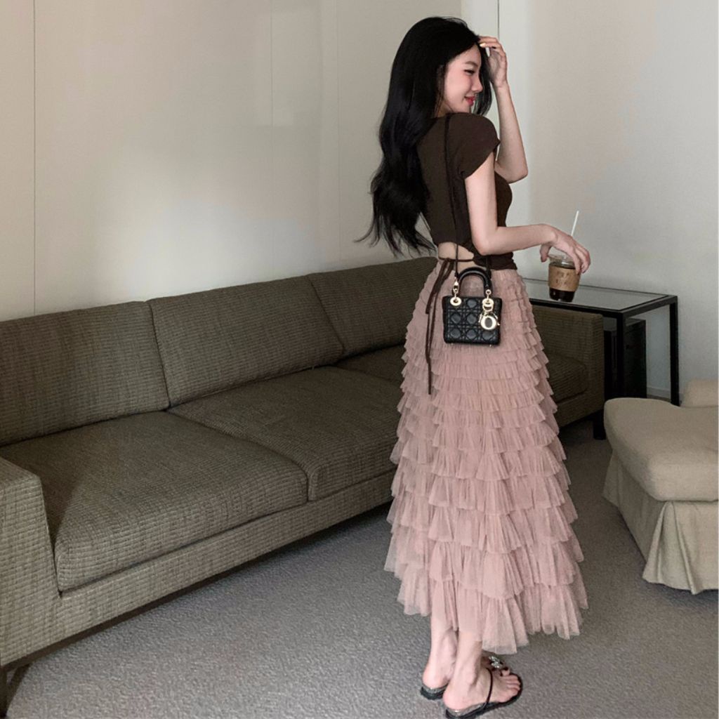 Chân váy lưới dài nhiều tầng, chân váy dáng dài cạp chun dễ mặc hàng cao cấp loại 1 order Taobao nhà Oanhdilys