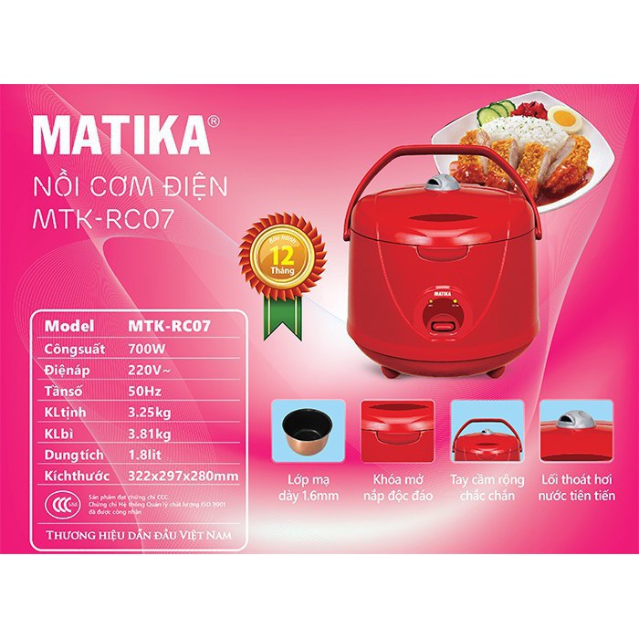 NỒI CƠM ĐIỆN NẮP GÀI QUAI XÁCH MATIKA MTK-RC07 1.8 LÍT