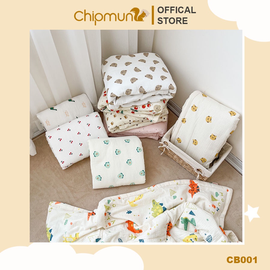 Chăn bông xô muslin, lõi bông thông minh thiết kế liền vỏ CHIPMUNK cho bé 0-5 tuổi, Độ dày 2cm