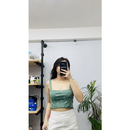 Áo 2 dây cổ vuông ôm body xanh 2 lớp màu rêu