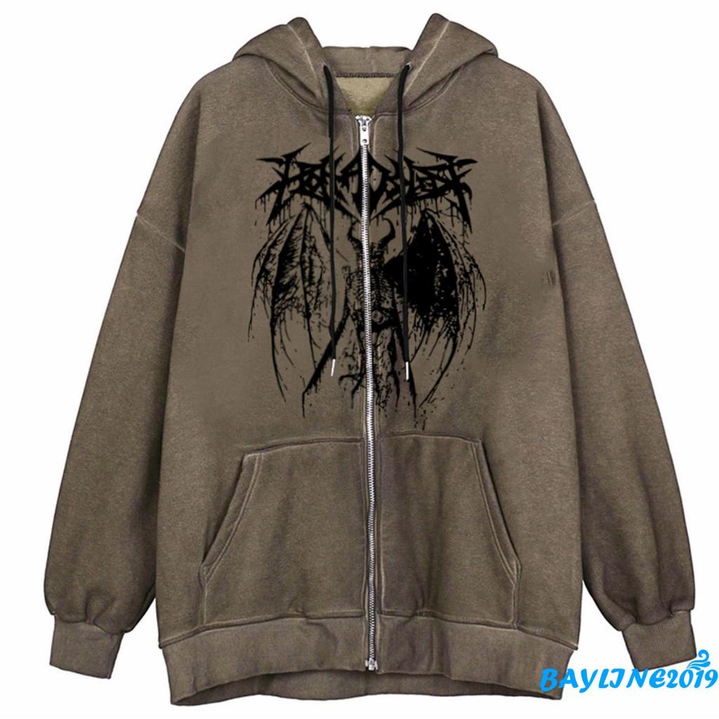 Áo Hoodie Tay Dài Dáng Rộng In Họa Tiết Ác Quỷ Phối Dây Rút Cá Tính Cho Nữ