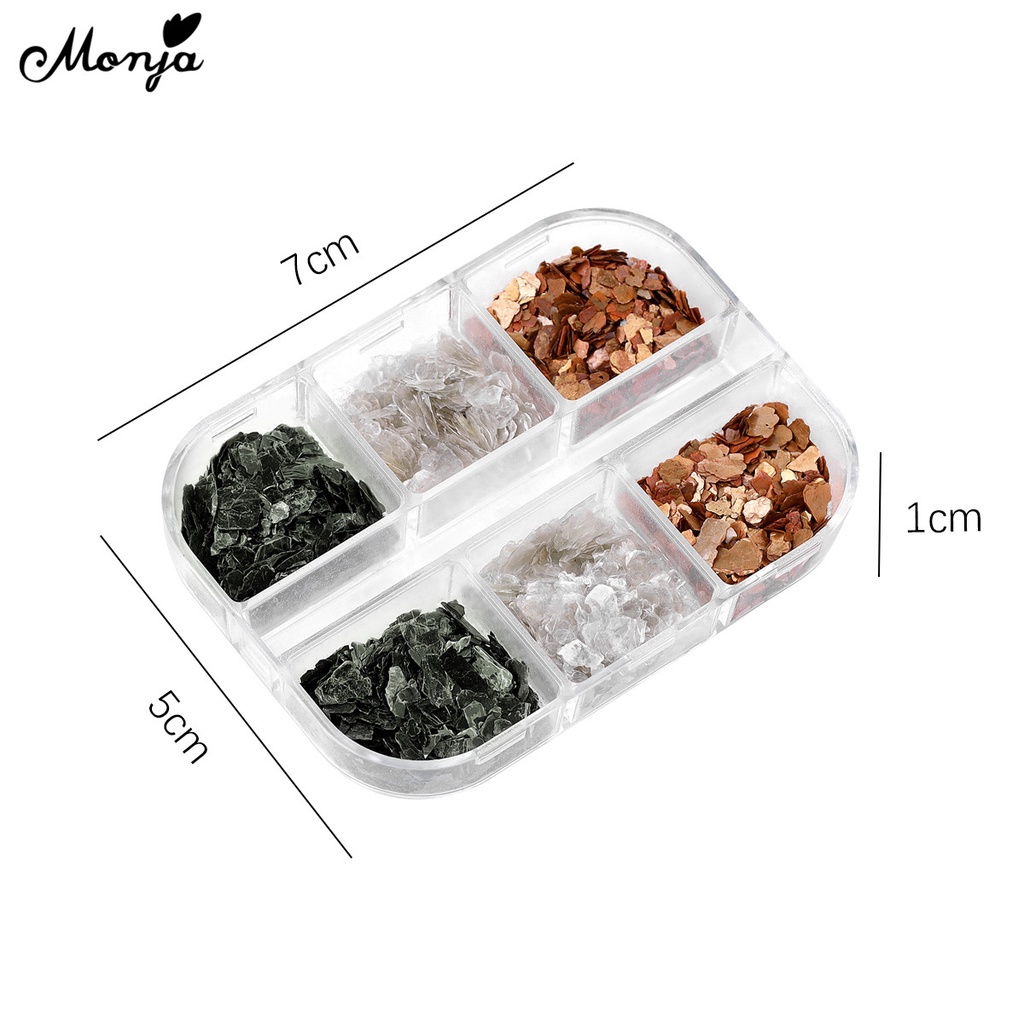 MONJA Hộp 6 ngăn đựng hạt phụ kiện 3D lấp lánh trang trí móng tay