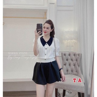 Áo len nữ cổ đức phối sơ mi tay bồng