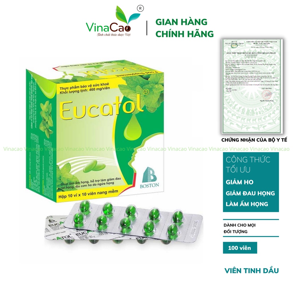 Viên tinh dầu thảo dược giảm ho, giảm đau rát họng Eucatol hàng chính hãng