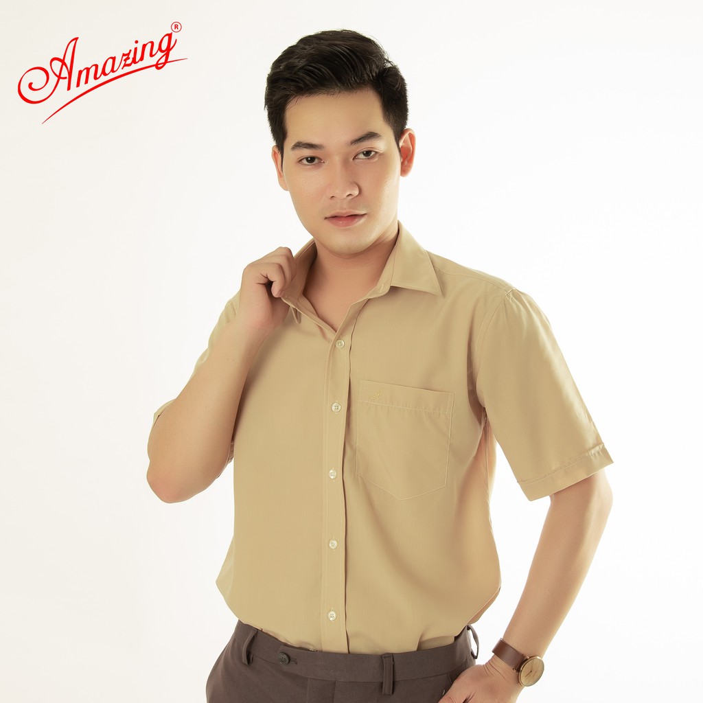 Áo sơ mi nam tay ngắn màu trơn, kỷ thuật may sắc xảo, chất liệu hút mồ hôi tốt, Amazing