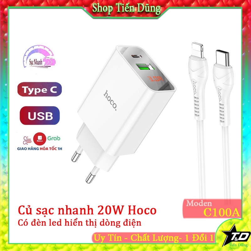 Củ sạc nhanh Hoco C100A có Cổng USB C 20W PD 4.0 3.0 USB Type C thích hợp, Đèn LED Hiển Thị Dòng Điện Khi Dùng.