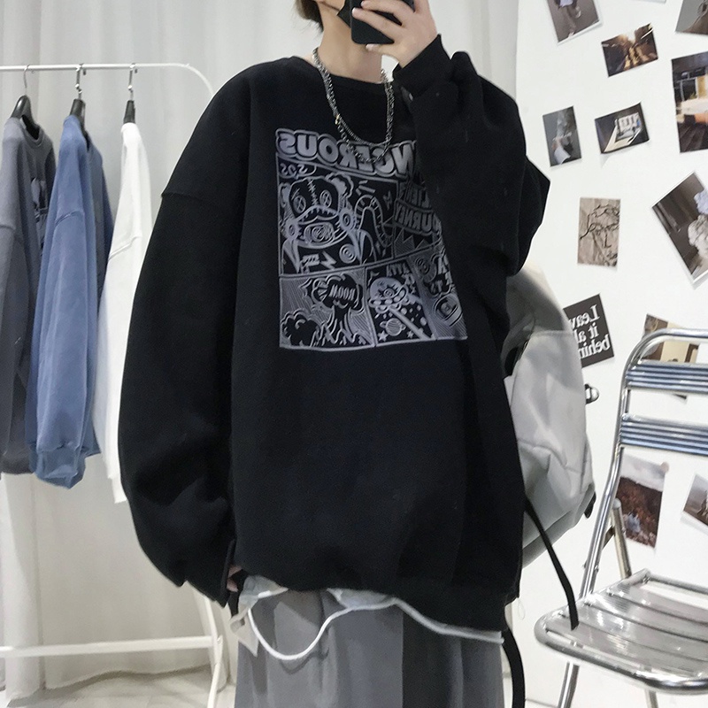 Áo sweater cổ tròn dáng rộng tay dài in họa tiết hoạt hình phong cách Hong Kong thời trang mùa thu 2021 cho nam