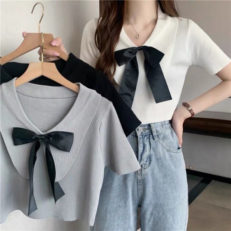 áo len dệt kim mix nơ ruy băng (58048#)