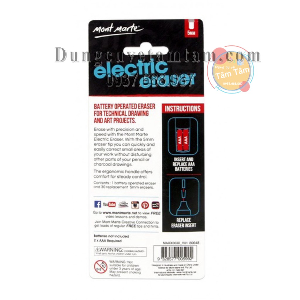 [ TÂM TÂM ]-Tẩy điện Mont Marte kèm 30 viên tẩy, Mont Marte Electric Eraser with 30pc Erasers0