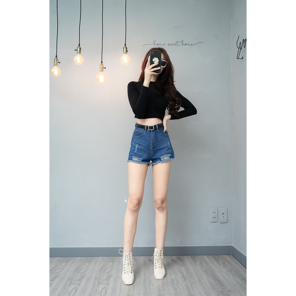 QUẦN SHORT LƯNG CAO JEANS RÁCH LAI VẢI DÀY DẶN ÔM FORM