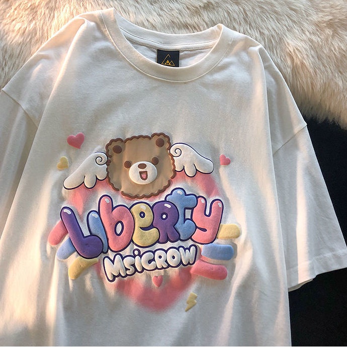 Áo Thun Ngắn Tay Họa Tiết Gấu Hoạt Hình Xinh Xắn