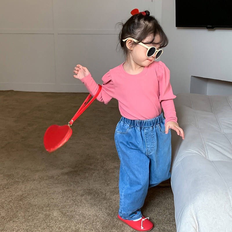 Áo Thun Cotton Tay Phồng Họa Tiết Sọc Thời Trang Mùa Thu Hàn Quốc Dành Cho Bé Gái