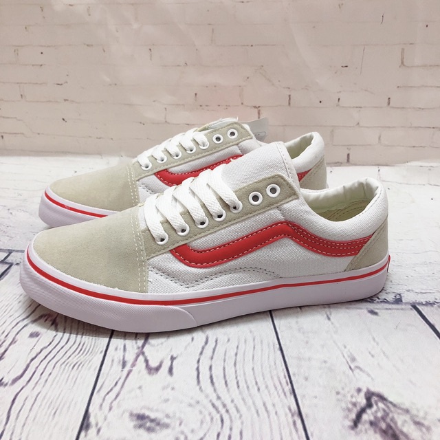 Giày Thể Thao Sneaker,Giày 𝐯𝐚𝐧𝐬 trắng sọc đỏ da nộn  old thời trang nam nữ học sinh