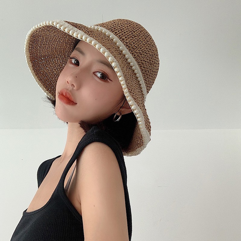 Mũ Cói Rộng Vành Chống Nắng Đính Ngọc Trai Thời Trang Đi Biển Mùa Hè Cho Nữ
