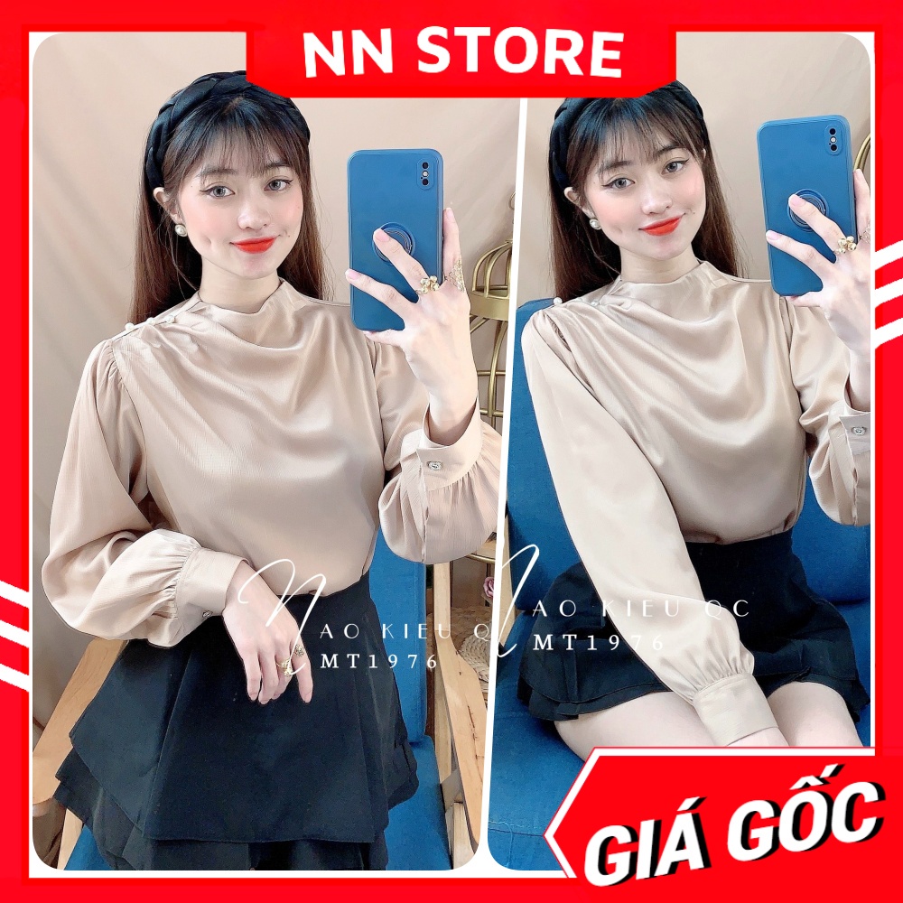 Áo kiểu công sở nữ tay dài chất phi lụa siêu mềm mát phối cườm dễ thương MT1976